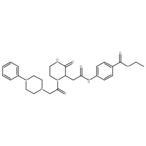 Ethyl 4-[[2-[3-oxo-1-[2-(4-phenyl-1-piperazinyl)acetyl]-2-piperazinyl]acetyl]amino]benzoate Structure