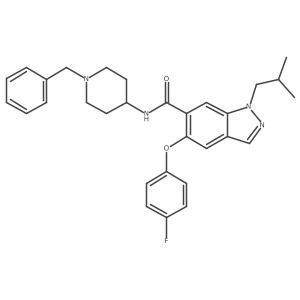1h-Indazole-6-carboxamide,5-(4-fluorophenoxy)-1-(2-methylpropyl)-n-[1-(phenylmethyl)-4-piperidinyl]- Structure