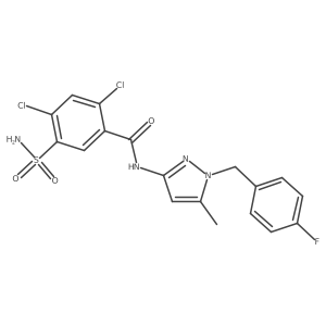 2,4-dichloro-N-[1-(4-fluorobenzyl)-5-methyl-1H-pyrazol-3-yl]-5-sulfamoylbenzamide结构式