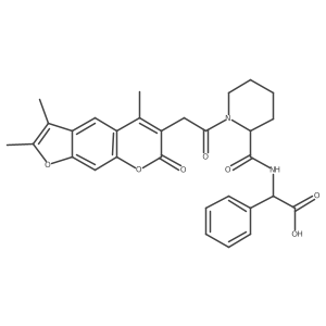 (2R)-phenyl[({1-[(2,3,5-trimethyl-7-oxo-7H-furo[3,2-g]chromen-6-yl)acetyl]piperidin-2-yl}carbonyl)amino]ethanoic acid结构式