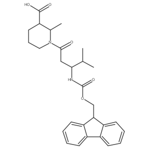 rac-(2R,3R)-1-[3-({[(9H-fluoren-9-yl)methoxy]carbonyl}amino)-4-methylpentanoyl]-2-methylpiperidine-3-carboxylic acid Structure