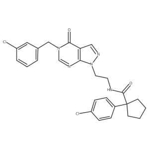 N-(2-(5-(3-chlorobenzyl)-4-oxo-4,5-dihydro-1H-pyrazolo[3,4-d]pyrimidin-1-yl)ethyl)-1-(4-chlorophenyl)cyclopentanecarboxamide结构式
