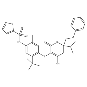 N-(5-(tert-Butyl)-4-((4-hydroxy-6-isopropyl-2-oxo-6-phenethyl-5,6-dihydro-2H-pyran-3-yl)thio)-2-methylphenyl)thiophene-2-sulfonamide Structure