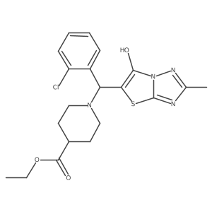 Ethyl 1-((2-chlorophenyl)(6-hydroxy-2-methylthiazolo[3,2-b][1,2,4]triazol-5-yl)methyl)piperidine-4-carboxylate结构式
