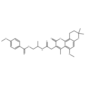 (2S)-2-{[(5-methoxy-4,8,8-trimethyl-2-oxo-9,10-dihydro-2H,8H-pyrano[2,3-f]chromen-3-yl)acetyl]amino}propyl 4-methoxybenzoate Structure