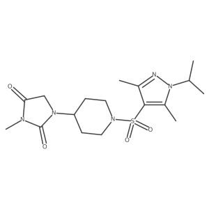 1-(1-((1-isopropyl-3,5-dimethyl-1H-pyrazol-4-yl)sulfonyl)piperidin-4-yl)-3-methylimidazolidine-2,4-dione结构式