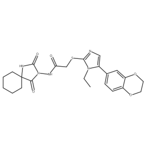 2-((5-(2,3-Dihydrobenzo[b][1,4]dioxin-6-yl)-1-ethyl-1H-imidazol-2-yl)thio)-N-(2,4-dioxo-1,3-diazaspiro[4.5]decan-3-yl)acetamide结构式