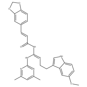 (2E)-3-(1,3-benzodioxol-5-yl)-N-[(E)-[(4,6-dimethylpyrimidin-2-yl)amino]{[2-(5-methoxy-1H-indol-3-yl)ethyl]amino}methylidene]prop-2-enamide Structure