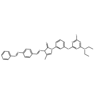 3H-Pyrazol-3-one, 2-[3-[[4-(diethylamino)-6-fluoro-1,3,5-triazin-2-yl]oxy]phenyl]-2,4-dihydro-5-methyl-4-[2-[4-(2-phenyldiazenyl)phenyl]diazenyl]- Structure