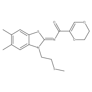 (Z)-N-(5,6-dimethyl-3-(2-(methylthio)ethyl)benzo[d]thiazol-2(3H)-ylidene)-5,6-dihydro-1,4-dioxine-2-carboxamide结构式