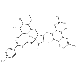 D-Streptamine, O-2-deoxy-2-(methylamino)-I+/--L-glucopyranosyl-(1a2)-O-3-C-[[(4-aminobenzoyl)hydrazono]methyl]-5-deoxy-I+/--L-lyxofuranosyl-(1a4)-N,Na(2)-bis(aminoiminomethyl)-结构式