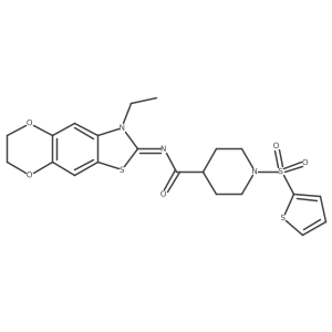 (E)-N-(3-ethyl-6,7-dihydro-[1,4]dioxino[2',3':4,5]benzo[1,2-d]thiazol-2(3H)-ylidene)-1-(thiophen-2-ylsulfonyl)piperidine-4-carboxamide Structure