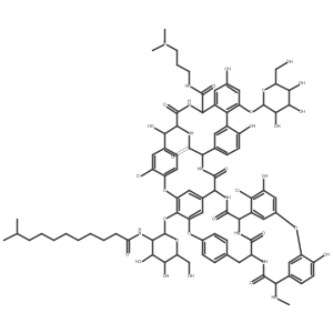 Ristomycin A aglycone, 5,31-dichloro-38-de(methoxycarbonyl)-7-demethyl-19-deoxy-56-O-(2-deoxy-2-((10-methyl-1-oxoundecyl)amino)-beta-D-glucopyranosyl)-38-(((3-(dimethylamino)propyl)amino)carbonyl)-42-o-alpha-D-mannopyranosyl-N15-methyl-结构式