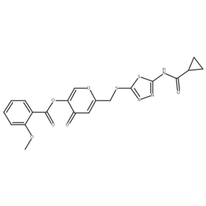 6-(((5-(cyclopropanecarboxamido)-1,3,4-thiadiazol-2-yl)thio)methyl)-4-oxo-4H-pyran-3-yl 2-methoxybenzoate结构式