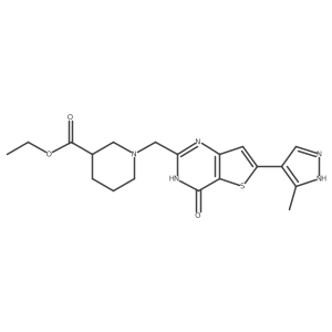 Ethyl 1-((6-(3-methyl-1H-pyrazol-4-yl)-4-oxo-3,4-dihydrothieno[3,2-d]pyrimidin-2-yl)methyl)piperidine-3-carboxylate结构式