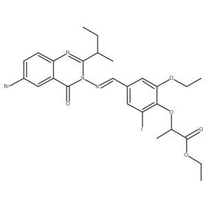 Propanoic acid, 2-[4-[[[6-bromo-2-(1-methylpropyl)-4-oxo-3(4H)-quinazolinyl]imino]methyl]-2-ethoxy-6-iodophenoxy]-, ethyl ester结构式