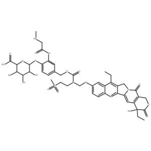 (2S,3S,4S,5R,6S)-6-(4-(((((((S)-4,11-Diethyl-4-hydroxy-3,14-dioxo-3,4,12,14-tetrahydro-1H-pyrano[3',4':6,7]indolizino[1,2-b]quinolin-9-yl)oxy)methyl)(2-(methylsulfonyl)ethyl)carbamoyl)oxy)methyl)-2-(2-(methylamino)acetamido)phenoxy)-3,4,5-trihydroxytetrahydro-2H-pyran-2-carboxylic acid结构式