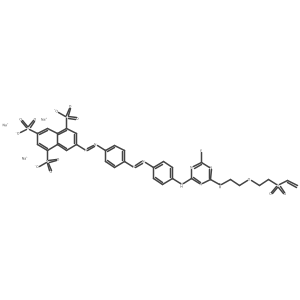 Trisodium 7-((4-((4-((4-((2-(2-(ethenylsulfonyl)ethoxy)ethyl)amino)-6-fluoro-1,3,5-triazin-2-yl)amino)phenyl)diazenyl)phenyl)diazenyl)-1,3,5-naphthalenetrisulfonate Structure