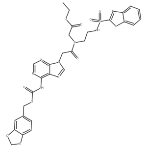 N-[2-(Benzothiazole-2-sulfonylamino)-ethyl]-N-{[6-N-(piperonyloxycarbonyl)-adenin-9-yl]-acetyl}-glycine ethyl ester结构式