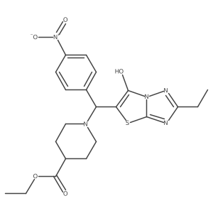 Ethyl 1-((2-ethyl-6-hydroxythiazolo[3,2-b][1,2,4]triazol-5-yl)(4-nitrophenyl)methyl)piperidine-4-carboxylate结构式