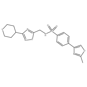 4-(2-methyloxazol-4-yl)-N-((3-(tetrahydro-2H-thiopyran-4-yl)-1,2,4-oxadiazol-5-yl)methyl)benzenesulfonamide结构式