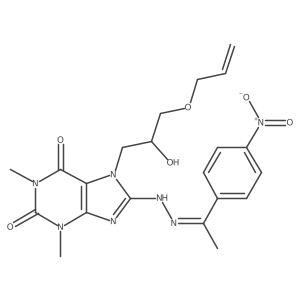(E)-7-(3-(allyloxy)-2-hydroxypropyl)-1,3-dimethyl-8-(2-(1-(4-nitrophenyl)ethylidene)hydrazinyl)-1H-purine-2,6(3H,7H)-dione结构式