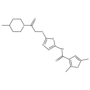 2,5-dimethyl-N-(5-((2-(4-methylpiperidin-1-yl)-2-oxoethyl)thio)-1,3,4-thiadiazol-2-yl)furan-3-carboxamide结构式