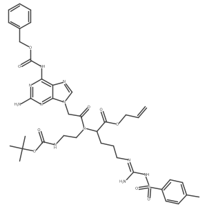 (R)-Allyl 2-(2-(2-amino-6-(((benzyloxy)carbonyl)amino)-9H-purin-9-yl)-N-(2-((tert-butoxycarbonyl)amino)ethyl)acetamido)-5-(3-tosylguanidino)pentanoate Structure