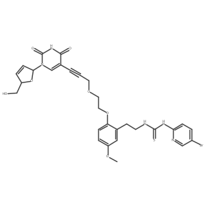 1-(5-bromopyridin-2-yl)-3-[2-[2-[2-[3-[1-[(2R,5S)-5-(hydroxymethyl)-2,5-dihydrofuran-2-yl]-2,4-dioxopyrimidin-5-yl]prop-2-ynoxy]ethoxy]-5-methoxyphenyl]ethyl]thiourea结构式