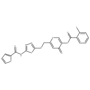 4-oxo-6-(((5-(thiophene-2-carboxamido)-1,3,4-thiadiazol-2-yl)thio)methyl)-4H-pyran-3-yl 2-fluorobenzoate Structure