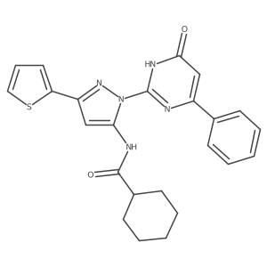 N-[1-(6-oxo-4-phenyl-1,6-dihydropyrimidin-2-yl)-3-(thiophen-2-yl)-1H-pyrazol-5-yl]cyclohexanecarboxamide结构式