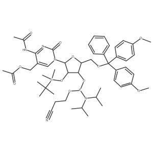 (4-Acetamido-1-((2R,3R,4R,5R)-5-((bis(4-methoxyphenyl)(phenyl)methoxy)methyl)-3-((tert-butyldimethylsilyl)oxy)-4-(((2-cyanoethoxy)(diisopropylamino)phosphaneyl)oxy)tetrahydrofuran-2-yl)-2-oxo-1,2-dihydropyrimidin-5-yl)methyl acetate结构式