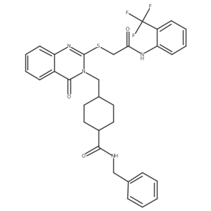 N-benzyl-4-((4-oxo-2-((2-oxo-2-((2-(trifluoromethyl)phenyl)amino)ethyl)thio)quinazolin-3(4H)-yl)methyl)cyclohexanecarboxamide结构式