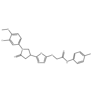 2-({5-[1-(3-chloro-4-methoxyphenyl)-5-oxopyrrolidin-3-yl]-1,3,4-oxadiazol-2-yl}sulfanyl)-N-(4-methylphenyl)acetamide结构式