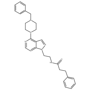 N-(2-(4-(4-benzylpiperazin-1-yl)-1H-pyrazolo[3,4-d]pyrimidin-1-yl)ethyl)-3-phenylpropanamide结构式