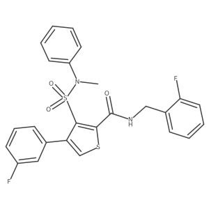 CN(c1ccccc1)S(=O)(=O)c1c(-c2cccc(F)c2)csc1C(=O)NCc1ccccc1F结构式
