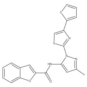 N-(3-methyl-1-(4-(thiophen-2-yl)thiazol-2-yl)-1H-pyrazol-5-yl)benzofuran-2-carboxamide结构式