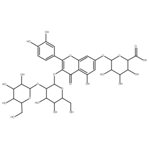 2-(3,4-Dihydroxyphenyl)-3-[(2-O-I(2)-D-glucopyranosyl-I(2)-D-glucopyranosyl)oxy]-5-hydroxy-4-oxo-4H-1-benzopyran-7-yl I(2)-D-glucopyranosiduronic acid结构式