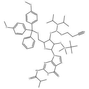 5'-O-(4,4-Dimethoxytrityl)-2'-O-[(tert-butyl)dimethylsilyl]-N-isobutyrylguanosine-3'-(2-cyanoethyl-N,N-diisopropyl)phosphoramidite结构式