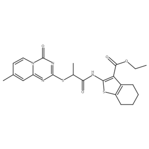 ethyl 2-(2-((8-methyl-4-oxo-4H-pyrido[1,2-a][1,3,5]triazin-2-yl)thio)propanamido)-4,5,6,7-tetrahydrobenzo[b]thiophene-3-carboxylate结构式