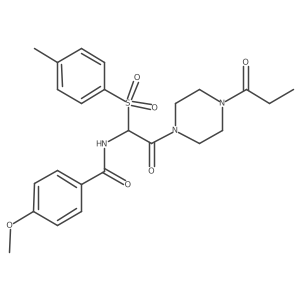 4-methoxy-N-(2-oxo-2-(4-propionylpiperazin-1-yl)-1-tosylethyl)benzamide结构式