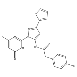 2-(4-chlorophenyl)-N-[1-(4-methyl-6-oxo-1,6-dihydropyrimidin-2-yl)-3-(thiophen-2-yl)-1H-pyrazol-5-yl]acetamide Structure