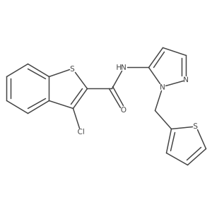 3-chloro-N-[1-(thiophen-2-ylmethyl)-1H-pyrazol-5-yl]-1-benzothiophene-2-carboxamide结构式