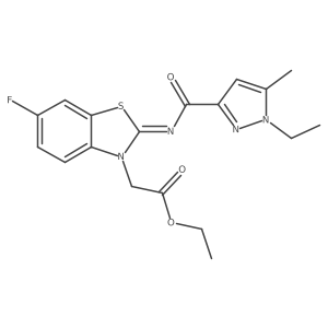 (E)-ethyl 2-(2-((1-ethyl-5-methyl-1H-pyrazole-3-carbonyl)imino)-6-fluorobenzo[d]thiazol-3(2H)-yl)acetate结构式