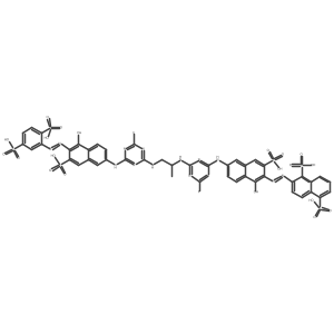 2-((6-((4-((1-((4-((6-((2,5-Disulfophenyl)diazenyl)-5-hydroxy-7-sulfo-2-naphthyl)amino)-6-fluoro-1,3,5-triazin-2-yl)amino)-2-propanyl)amino)-6-fluoro-1,3,5-triazin-2-yl)amino)-1-hydroxy-3-sulfo-2-naphthyl)diazenyl)-1,5-naphthalenedisulfonic acid结构式
