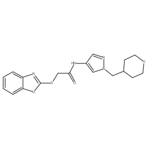 2-(benzo[d]oxazol-2-ylthio)-N-(1-((tetrahydro-2H-pyran-4-yl)methyl)-1H-pyrazol-4-yl)acetamide Structure