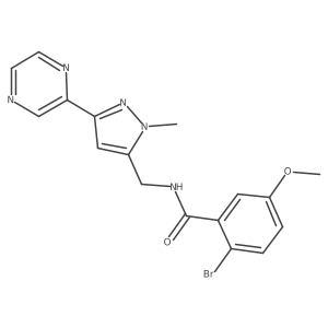2-bromo-5-methoxy-N-((1-methyl-3-(pyrazin-2-yl)-1H-pyrazol-5-yl)methyl)benzamide结构式