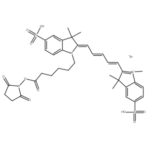 1-(6-((2,5-dioxopyrrolidin-1-yl)oxy)-6-oxohexyl)-3,3-dimethyl-5-sulfo-2-(5-(1,3,3-trimethyl-5-sulfoindolin-2-ylidene)penta-1,3-dien-1-yl)-3H-indol-1-ium bromide结构式