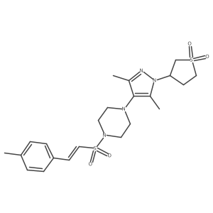 (E)-3-(3,5-dimethyl-4-(4-((4-methylstyryl)sulfonyl)piperazin-1-yl)-1H-pyrazol-1-yl)tetrahydrothiophene 1,1-dioxide Structure