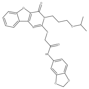 N-(1,3-benzodioxol-5-yl)-2-({4-oxo-3-[3-(propan-2-yloxy)propyl]-3,4-dihydro[1]benzofuro[3,2-d]pyrimidin-2-yl}sulfanyl)acetamide结构式